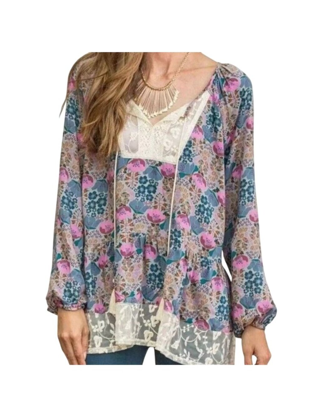 Matilda Jane Blouse Small Sew Perfect Peasant Top Lace Tassel Tie Bohemian Chic